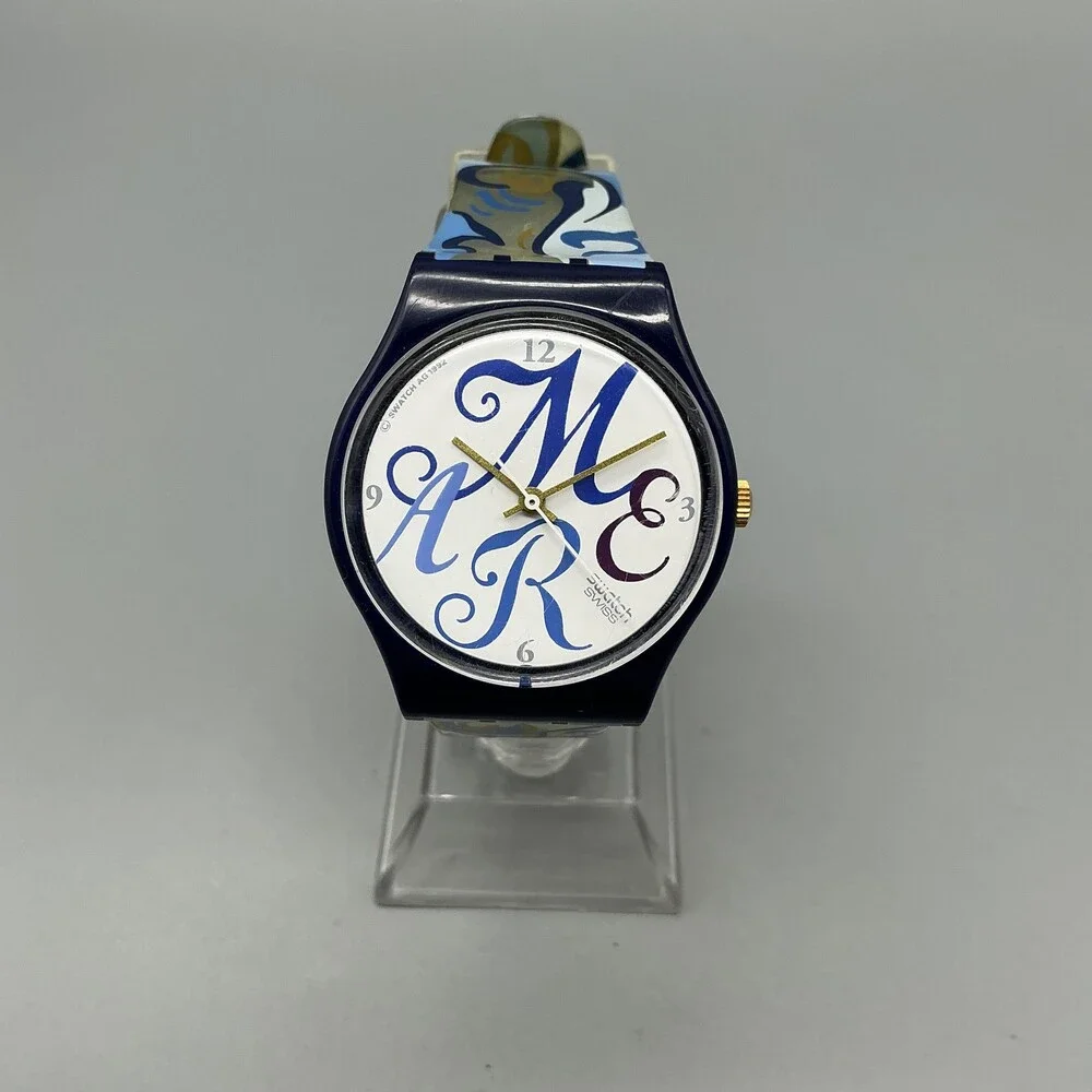 Vintage Swatch Algarve Men Watch 34mm White Blue Band Swiss New Battery